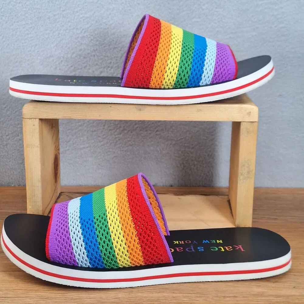 Kate Spade Spectrum Rainbow Knit Slide Sandals Women's 8 Colorful Logo Pride